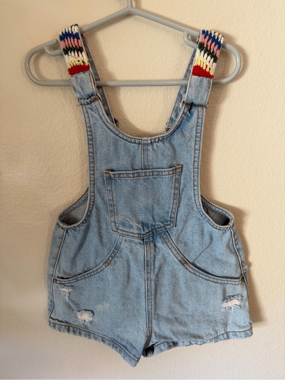Light Blue Denim Kids Short Overalls with Rainbow Knit Straps